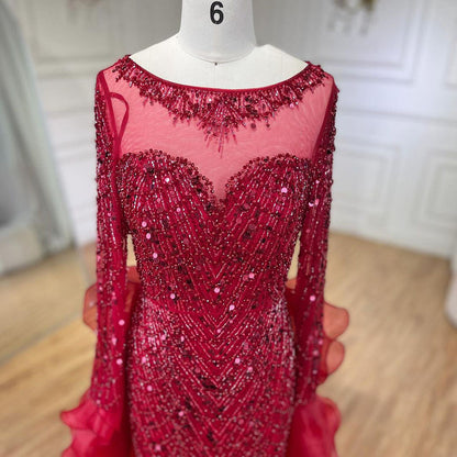 Luxury Fuchsia Beaded Mermaid Evening Dress With Overskirt LA72379