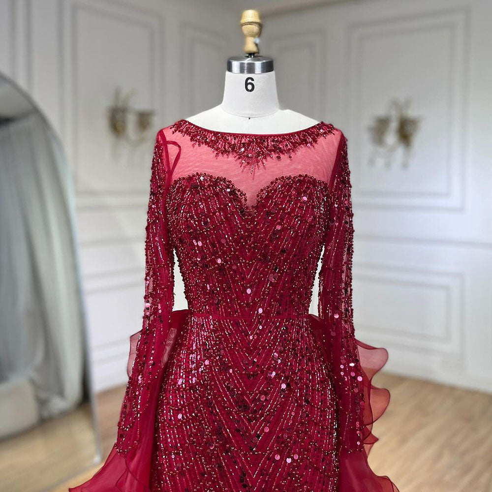 Luxury Fuchsia Beaded Mermaid Evening Dress With Overskirt LA72379