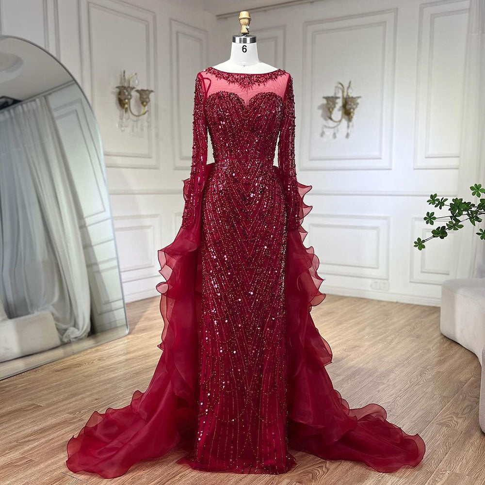 Luxury Fuchsia Beaded Mermaid Evening Dress With Overskirt LA72379