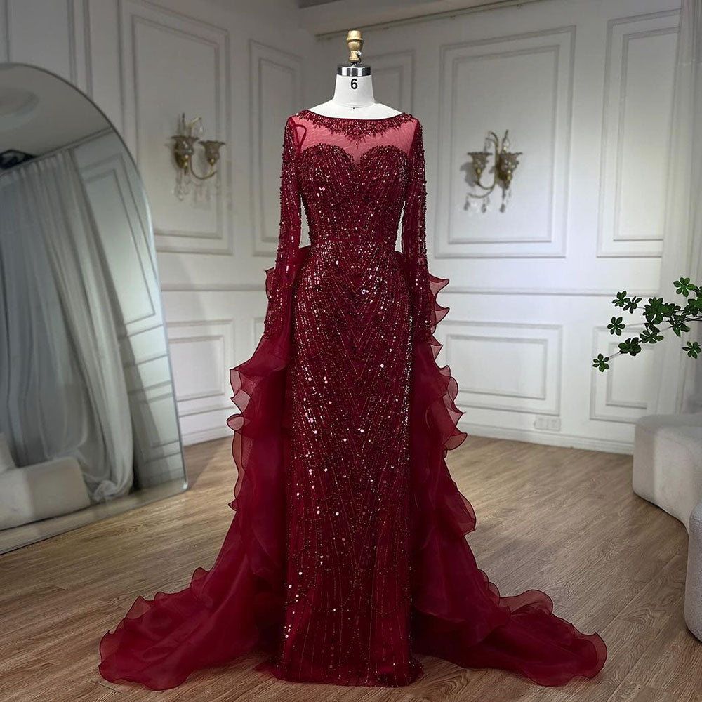 Luxury Fuchsia Beaded Mermaid Evening Dress With Overskirt LA72379