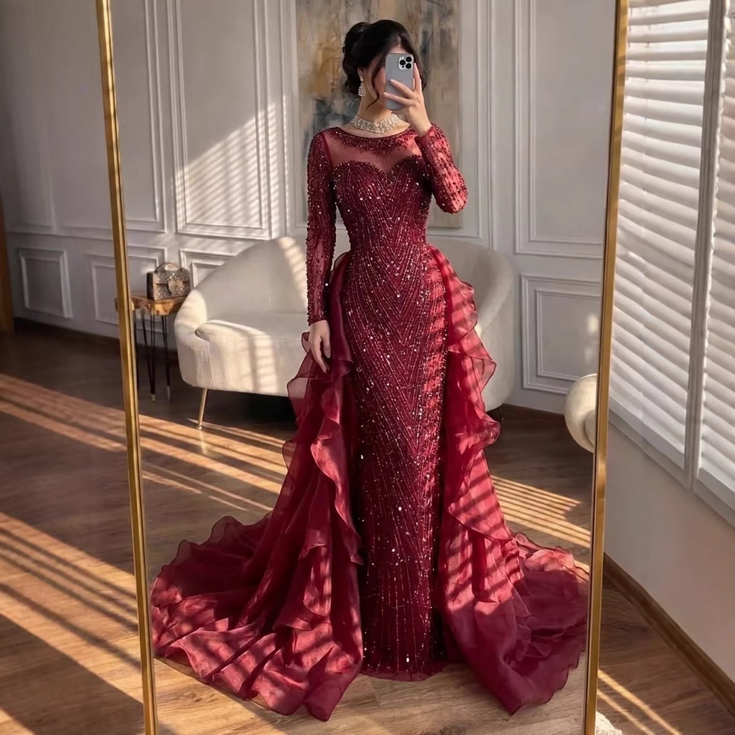 Luxury Fuchsia Beaded Mermaid Evening Dress With Overskirt LA72379