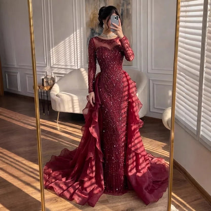 Luxury Fuchsia Beaded Mermaid Evening Dress With Overskirt LA72379