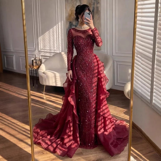 Luxury Fuchsia Beaded Mermaid Evening Dress With Overskirt LA72379