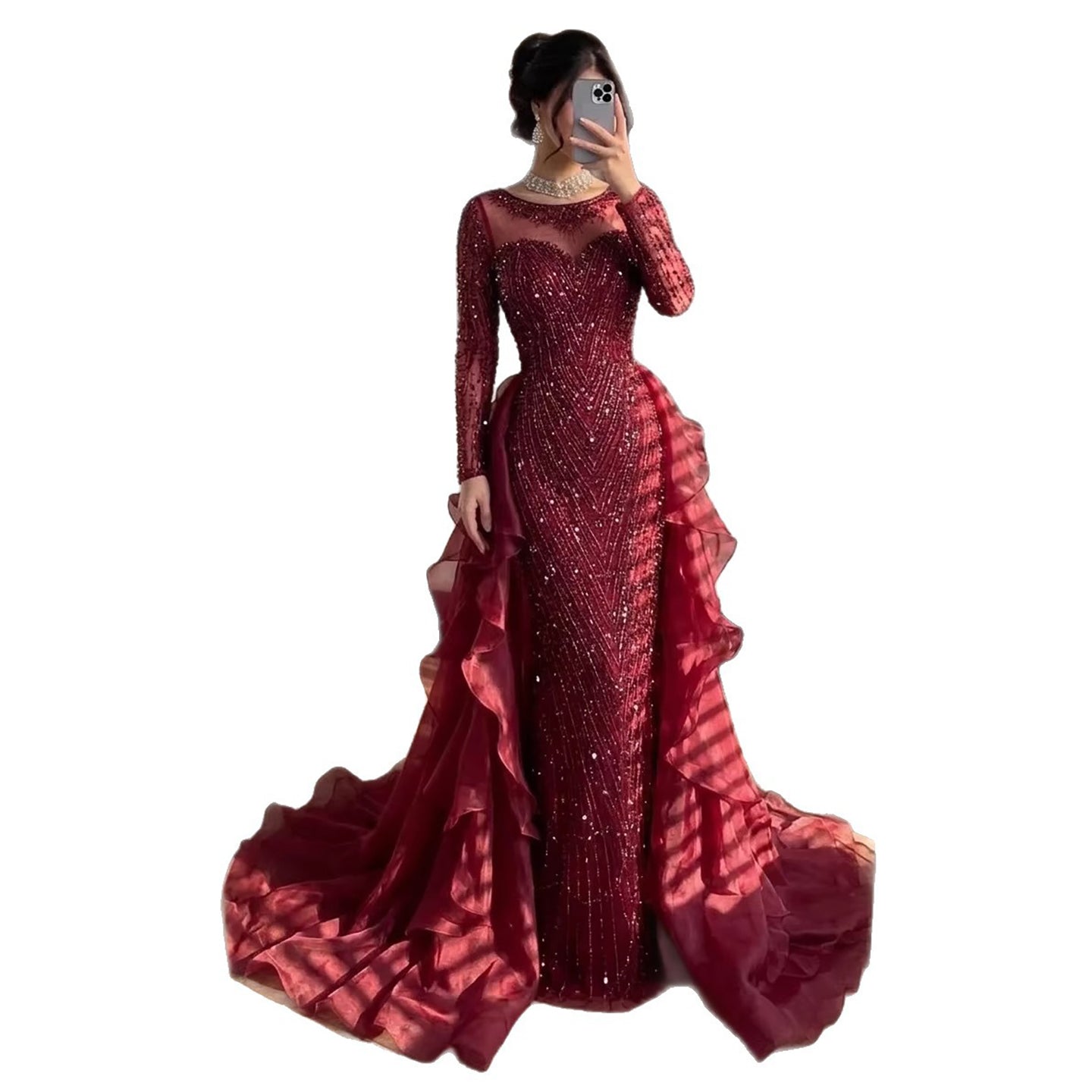 Luxury Fuchsia Beaded Mermaid Evening Dress With Overskirt LA72379