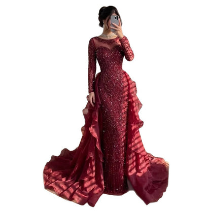 Luxury Fuchsia Beaded Mermaid Evening Dress With Overskirt LA72379