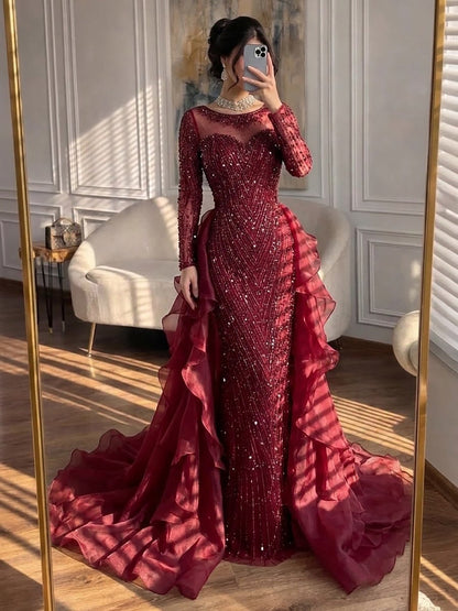 Luxury Fuchsia Beaded Mermaid Evening Dress With Overskirt LA72379