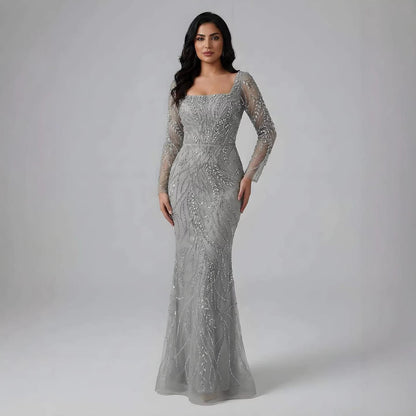 Saudi Arabic Luxury Sage Green Beaded Long Sleeves Mermaid Evening Dress LA72413B