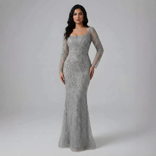 Saudi Arabic Luxury Sage Green Beaded Long Sleeves Mermaid Evening Dress LA72413B