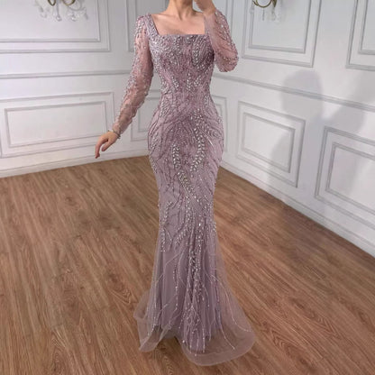 Saudi Arabic Luxury Sage Green Beaded Long Sleeves Mermaid Evening Dress LA72413B