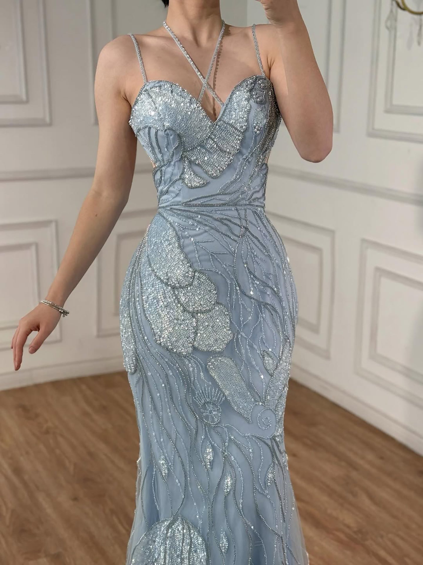 Luxury Pink Beaded Mermaid Evening Dress with Spaghetti Straps LA72492