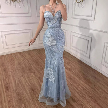 Luxury Pink Beaded Mermaid Evening Dress with Spaghetti Straps LA72492