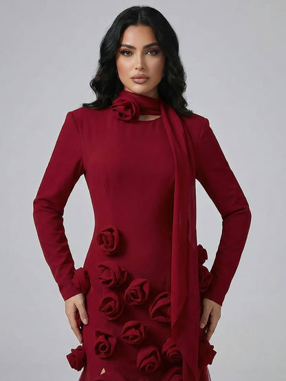 Luxury Wine Red Long Sleeve 3D Flower Slit Mermaid Evening Dress LA72568B