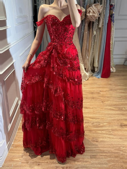 SERENE HILL A-Line/Princess Tulle Lace er Court Train Prom  Dress With Ruffles Sequins LA72586