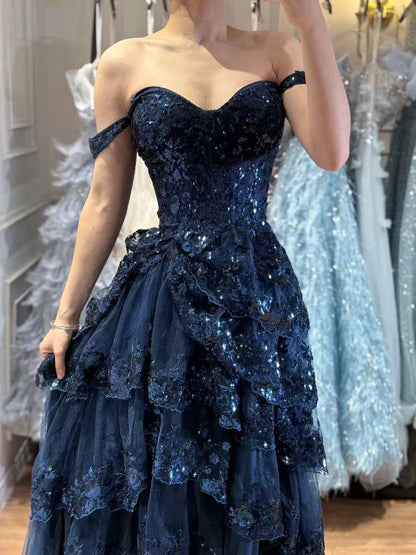 SERENE HILL A-Line/Princess Tulle Lace er Court Train Prom  Dress With Ruffles Sequins LA72586