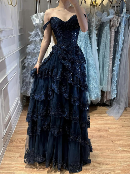 SERENE HILL A-Line/Princess Tulle Lace er Court Train Prom  Dress With Ruffles Sequins LA72586