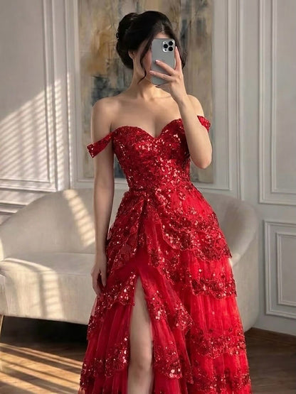 SERENE HILL A-Line/Princess Tulle Lace er Court Train Prom  Dress With Ruffles Sequins LA72586