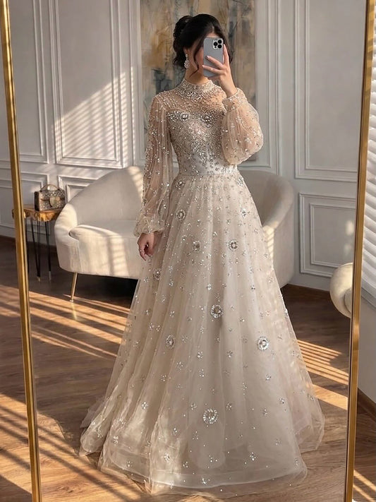 Elegant Champagne Evening Dress with Long Sleeves LA72594