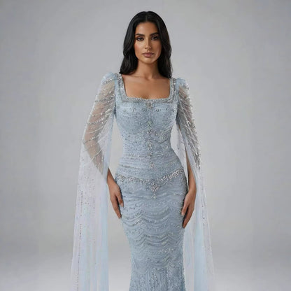 Luxury Beaded Caramel Evening Dress with Cape Sleeve LA72604