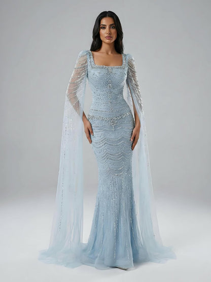 Luxury Beaded Caramel Evening Dress with Cape Sleeve LA72604