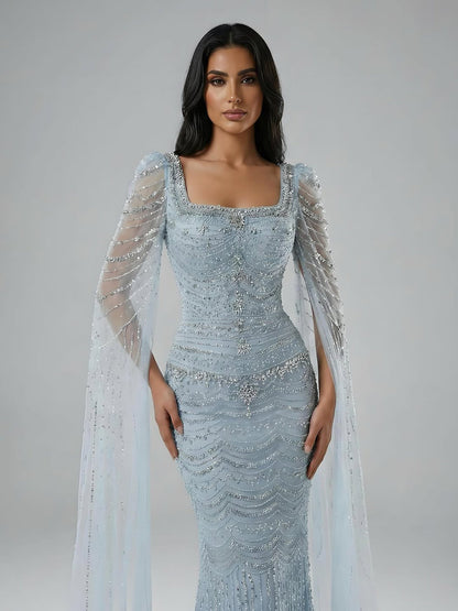 Luxury Beaded Caramel Evening Dress with Cape Sleeve LA72604