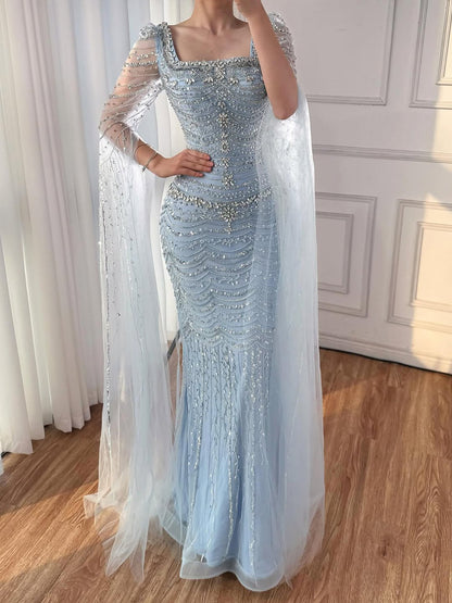 Luxury Beaded Caramel Evening Dress with Cape Sleeve LA72604