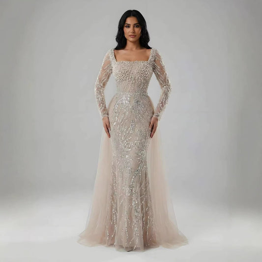 Luxury Saudi Arabic Beige Pearl Beaded Mermaid Evening Dress LA72634B