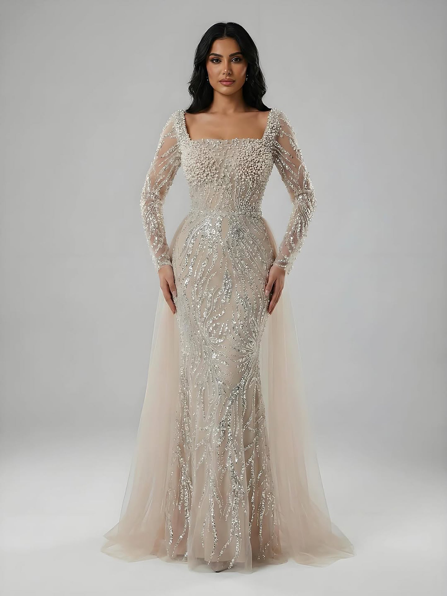 Luxury Saudi Arabic Beige Pearl Beaded Mermaid Evening Dress LA72634B