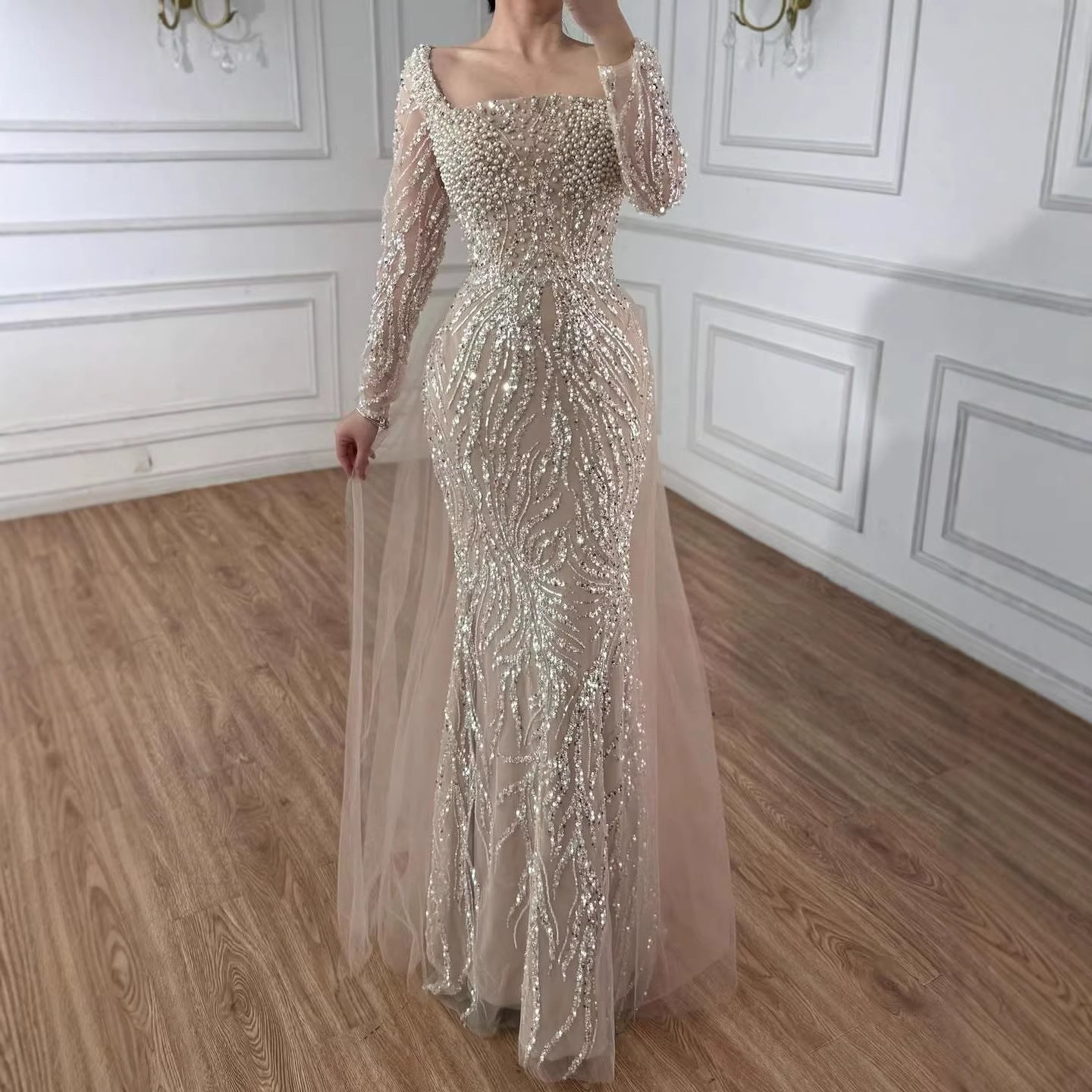 Luxury Saudi Arabic Beige Pearl Beaded Mermaid Evening Dress LA72634B