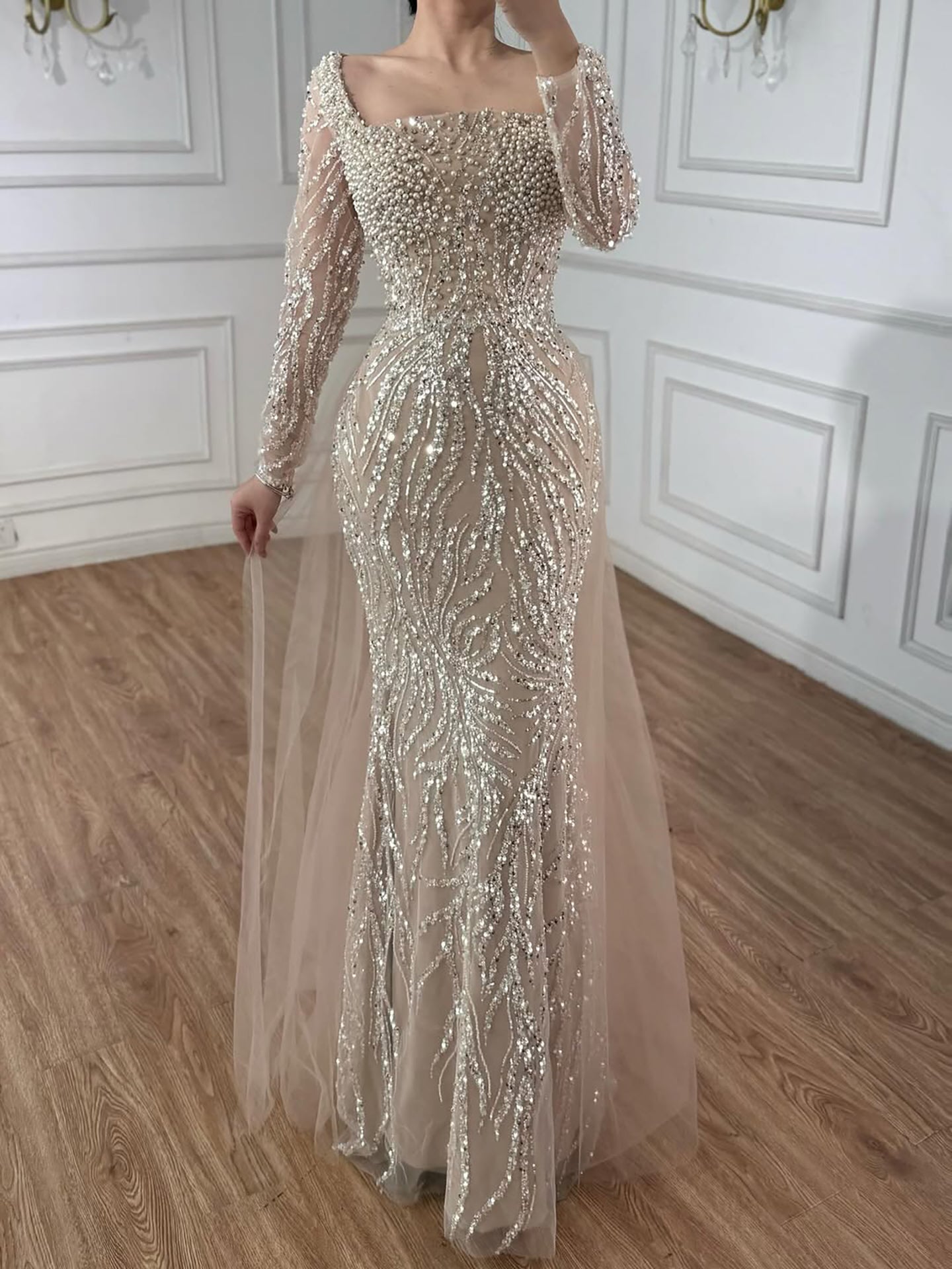 Luxury Saudi Arabic Beige Pearl Beaded Mermaid Evening Dress LA72634B