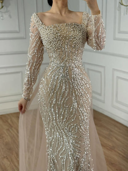 Luxury Saudi Arabic Beige Pearl Beaded Mermaid Evening Dress LA72634B