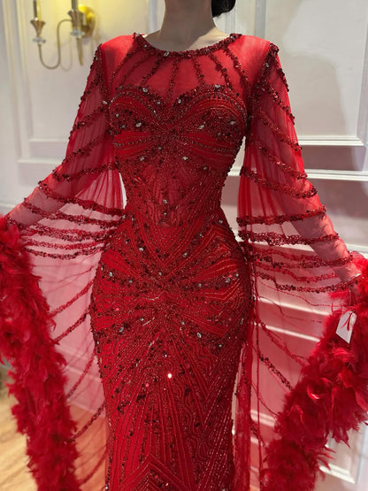 Luxury Caramel Crew Neck Beaded Mermaid Evening Dress  LA72708A