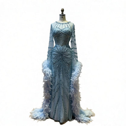 Luxury Blue Feather Beaded Illusion Long Sleeve Evening Dress LA72708B