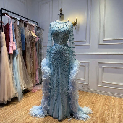 Luxury Blue Feather Beaded Illusion Long Sleeve Evening Dress LA72708B