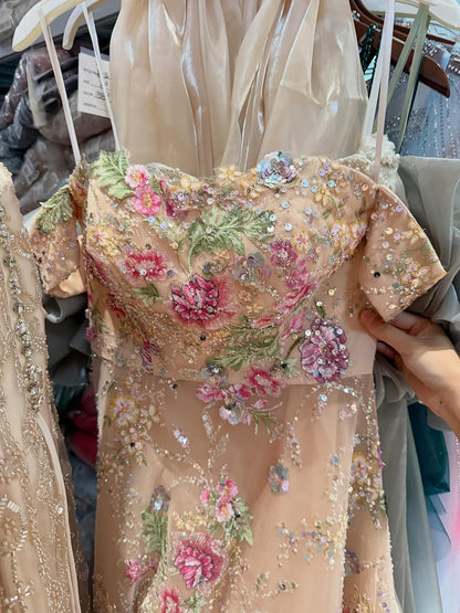 Luxury Nude Pink Off The Shoulder Floral Beaded A Line Dress LA72709A
