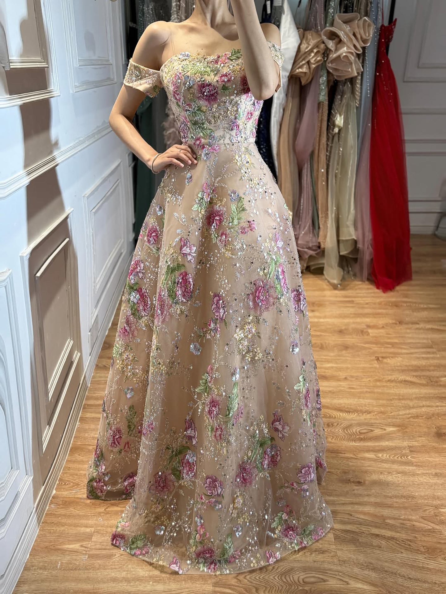 Luxury Nude Pink Off The Shoulder Floral Beaded A Line Dress LA72709A