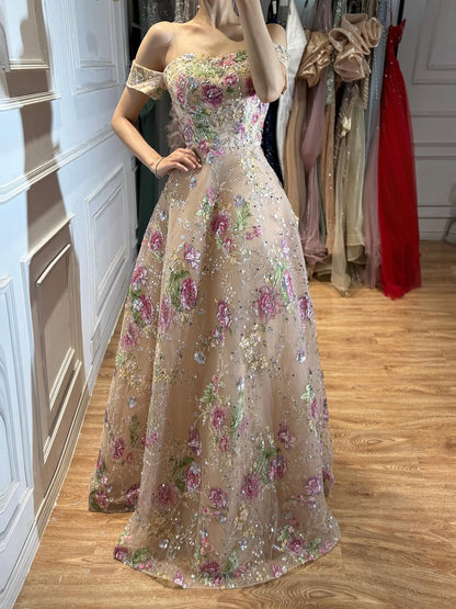 Luxury Nude Pink Off The Shoulder Floral Beaded A Line Dress LA72709A