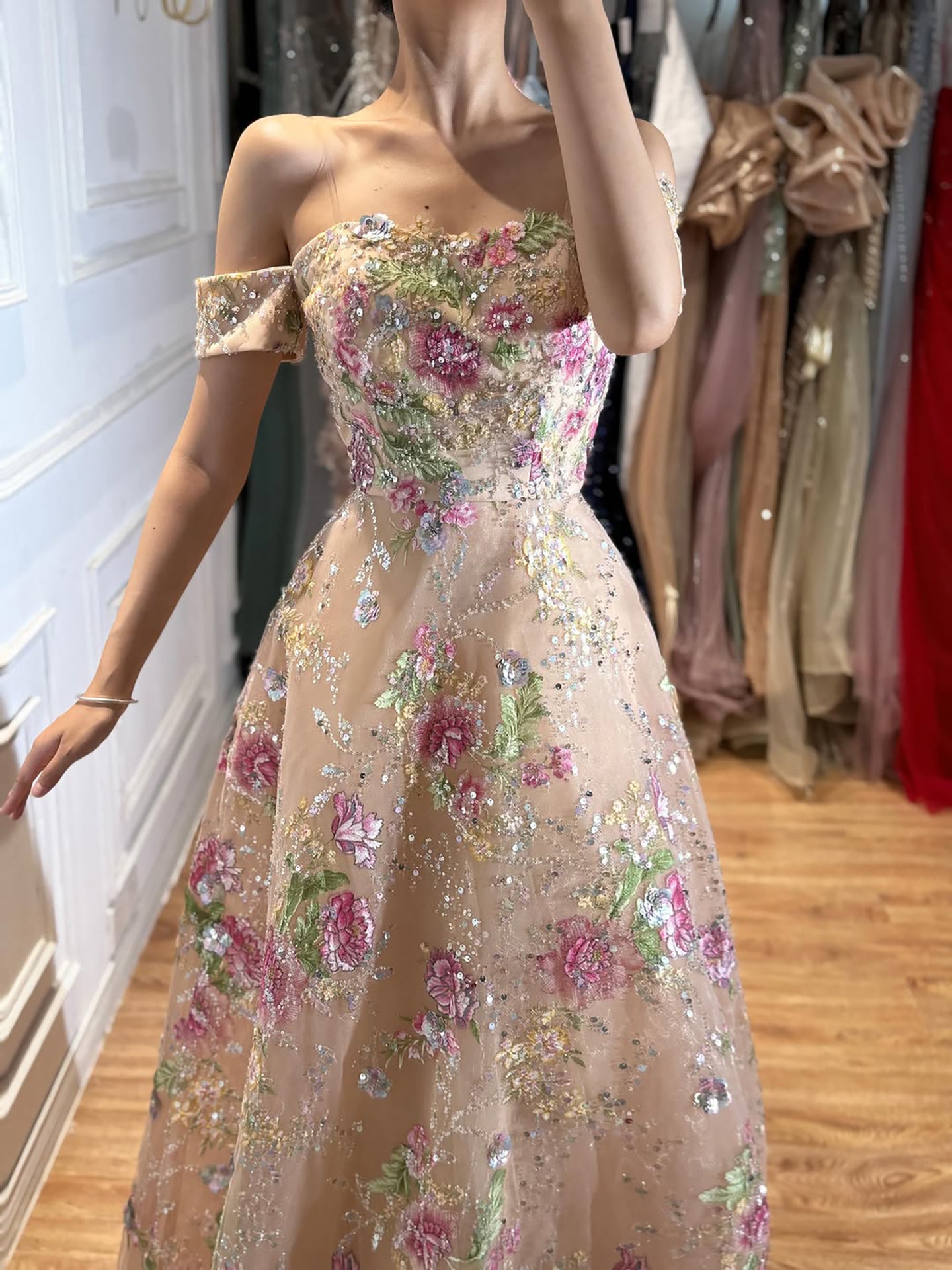 Luxury Nude Pink Off The Shoulder Floral Beaded A Line Dress LA72709A