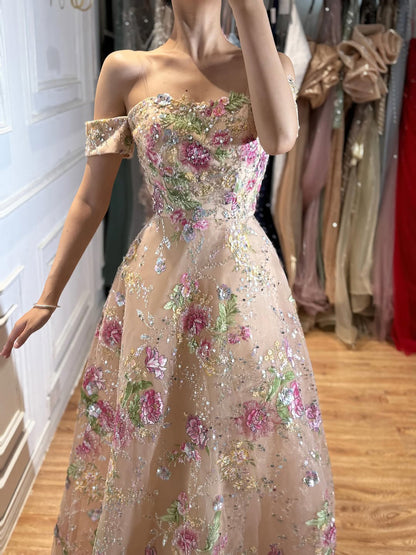 Luxury Nude Pink Off The Shoulder Floral Beaded A Line Dress LA72709A
