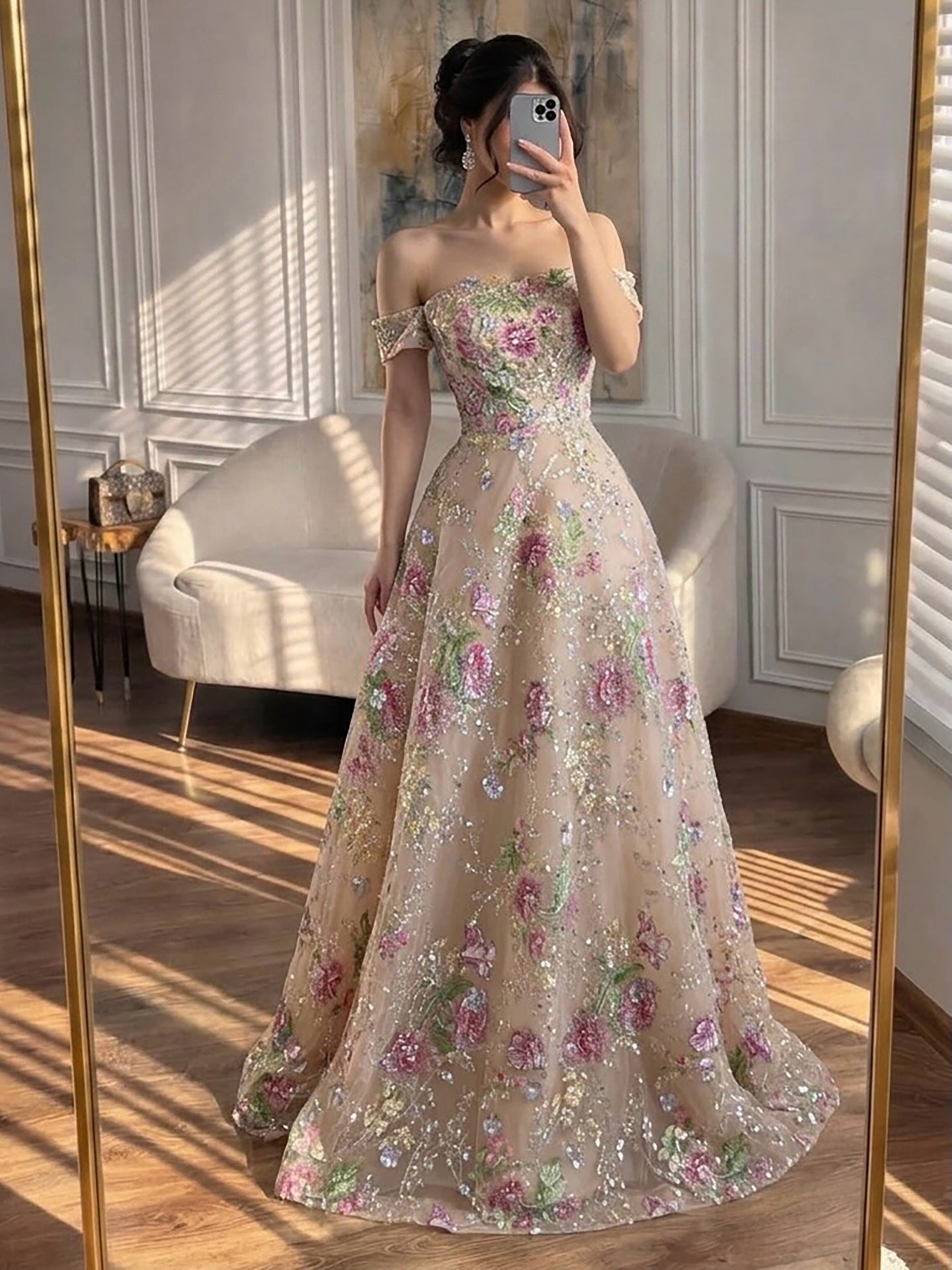 Luxury Nude Pink Off The Shoulder Floral Beaded A Line Dress LA72709A