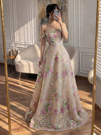 Luxury Nude Pink Off The Shoulder Floral Beaded A Line Dress LA72709A