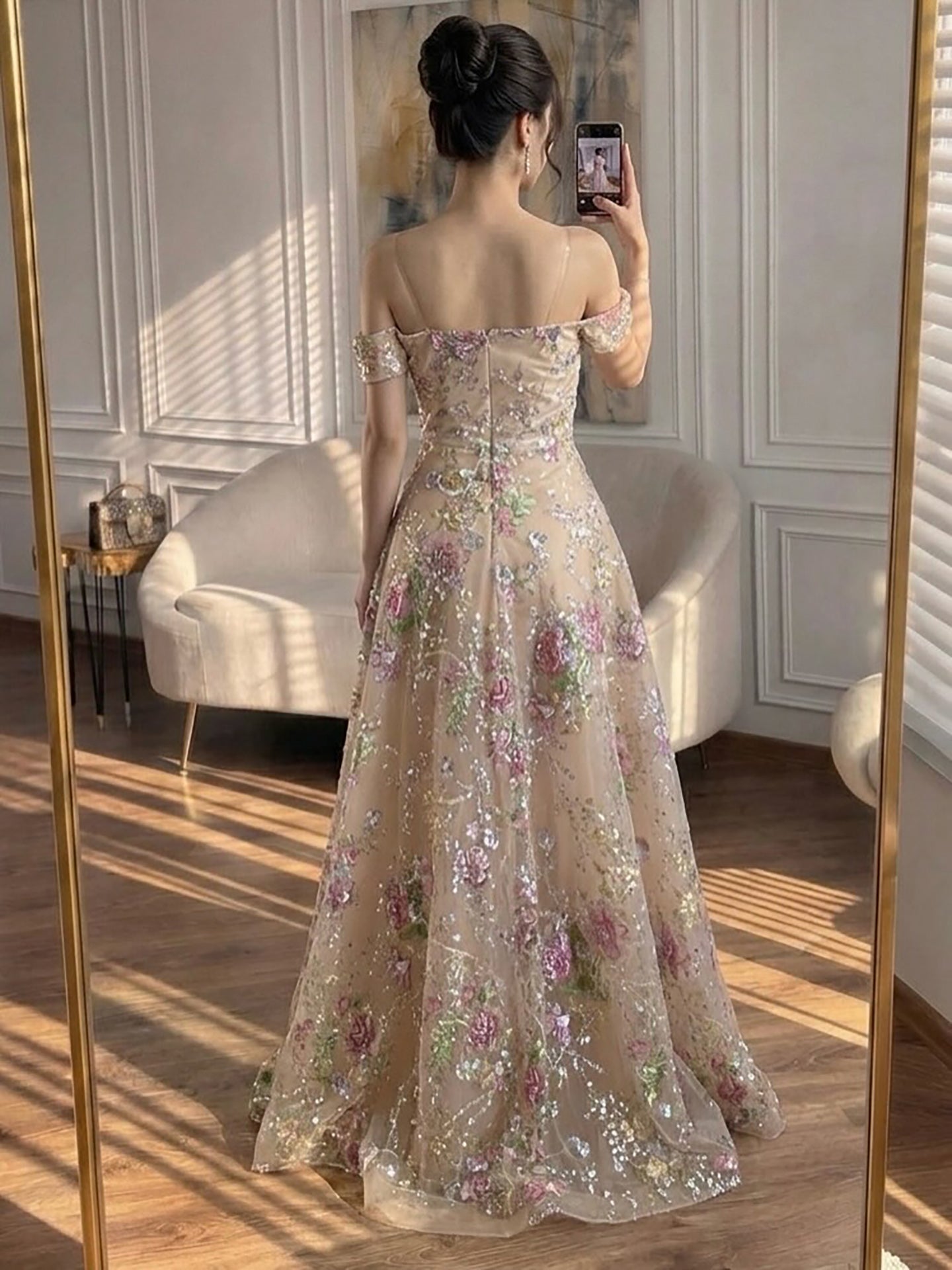 Luxury Nude Pink Off The Shoulder Floral Beaded A Line Dress LA72709A