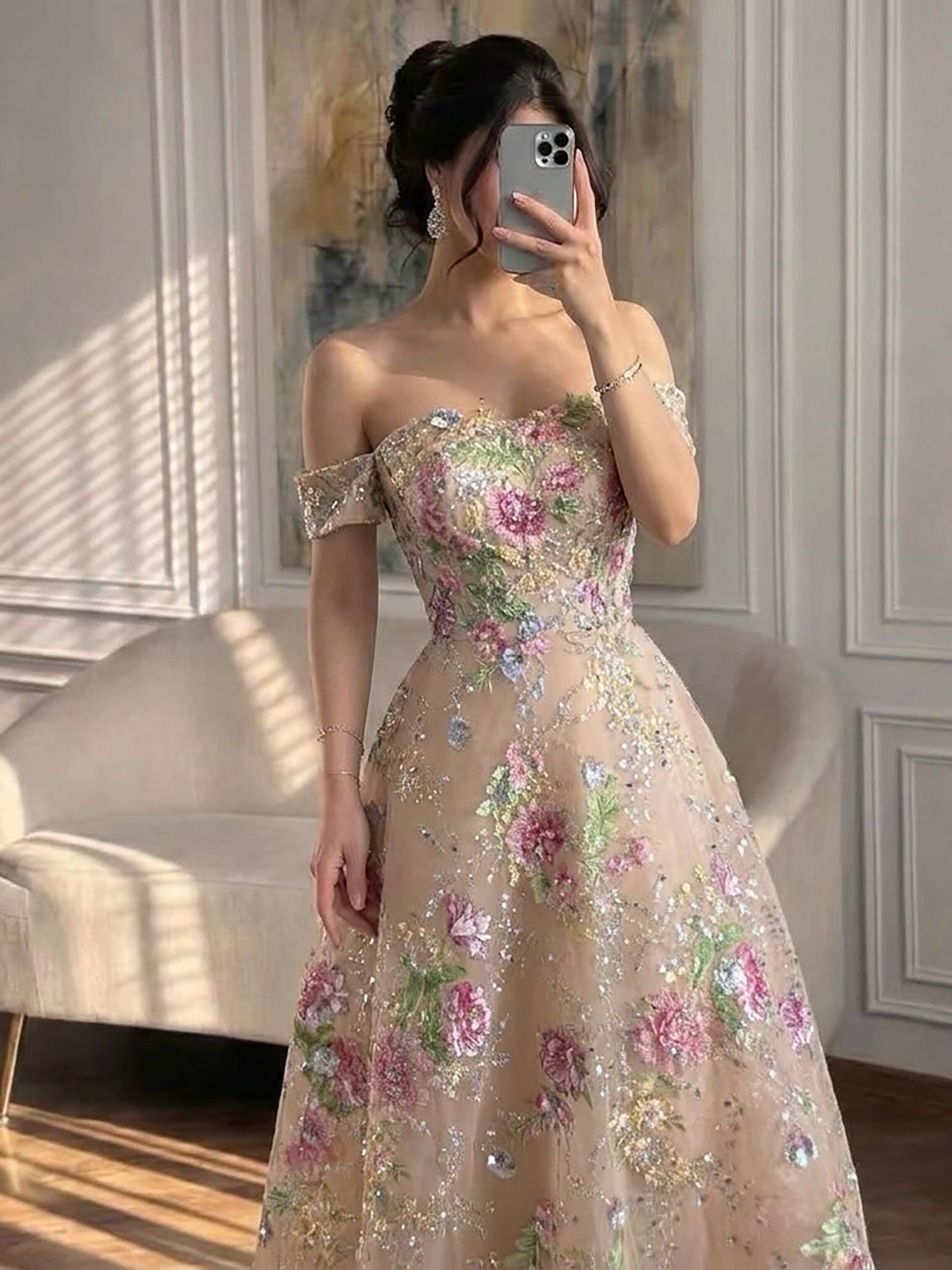 Luxury Nude Pink Off The Shoulder Floral Beaded A Line Dress LA72709A