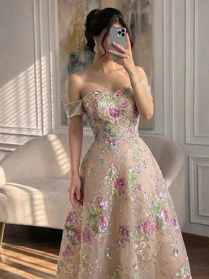 Luxury Nude Pink Off The Shoulder Floral Beaded A Line Dress LA72709A