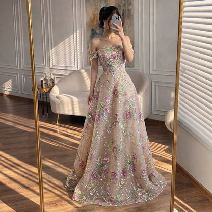 Luxury Nude Pink Off The Shoulder Floral Beaded A Line Dress LA72709A