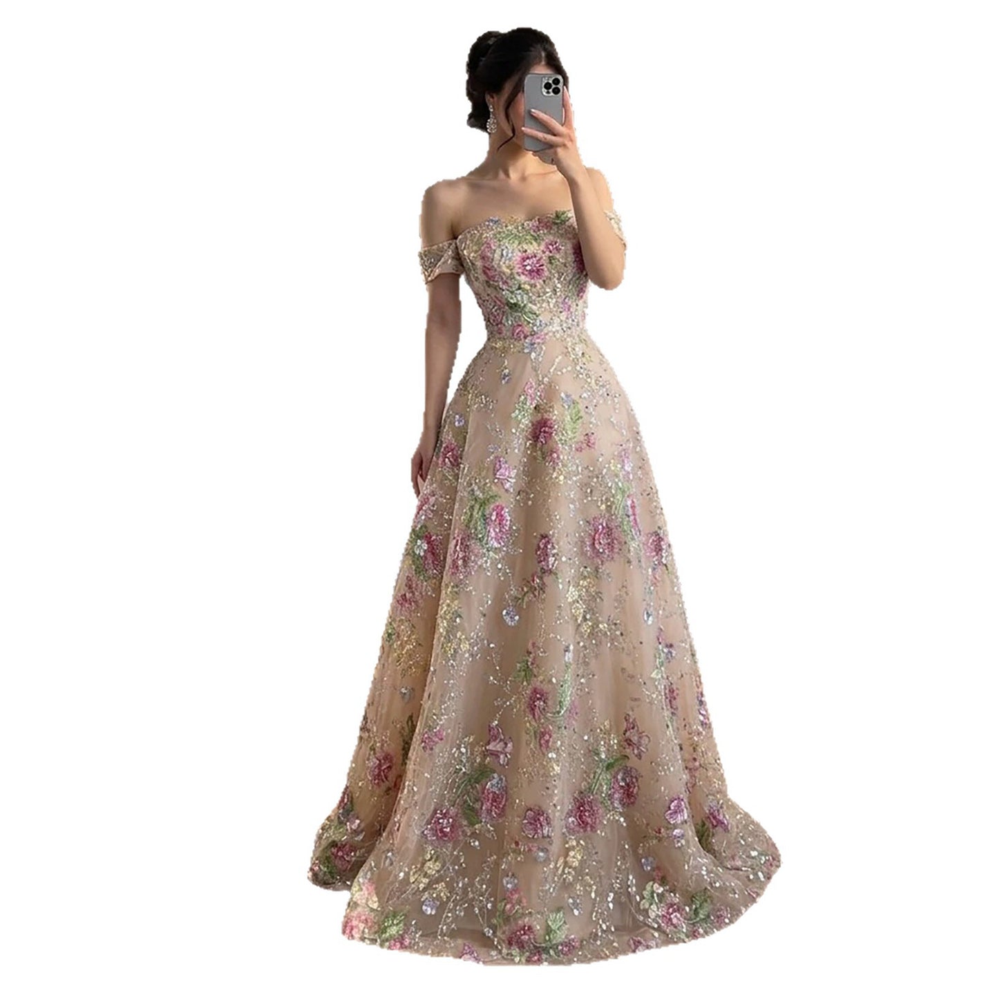 Luxury Nude Pink Off The Shoulder Floral Beaded A Line Dress LA72709A