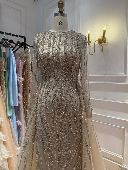 Luxury Caramel Beaded Long Sleeve Mermaid Dress With Overskirt LA72710B