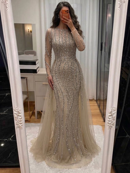 Luxury Caramel Beaded Long Sleeve Mermaid Dress With Overskirt LA72710B