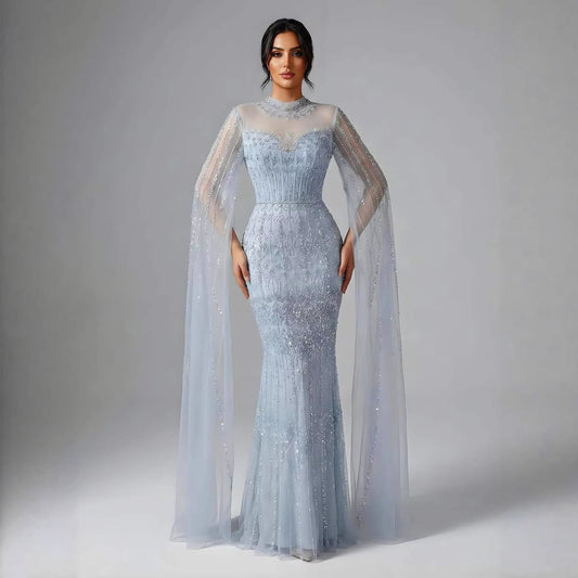 Luxury Arabic Blue Beaded Mermaid Evening Dress with Long Cape Sleeves LA72714AA
