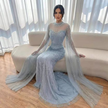 Luxury Arabic Blue Beaded Mermaid Evening Dress with Long Cape Sleeves LA72714AA