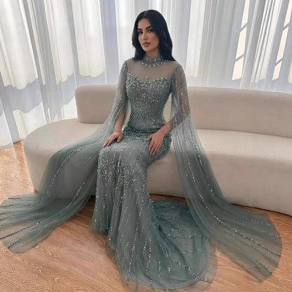 Luxury Arabic Blue Beaded Mermaid Evening Dress with Long Cape Sleeves LA72714AA